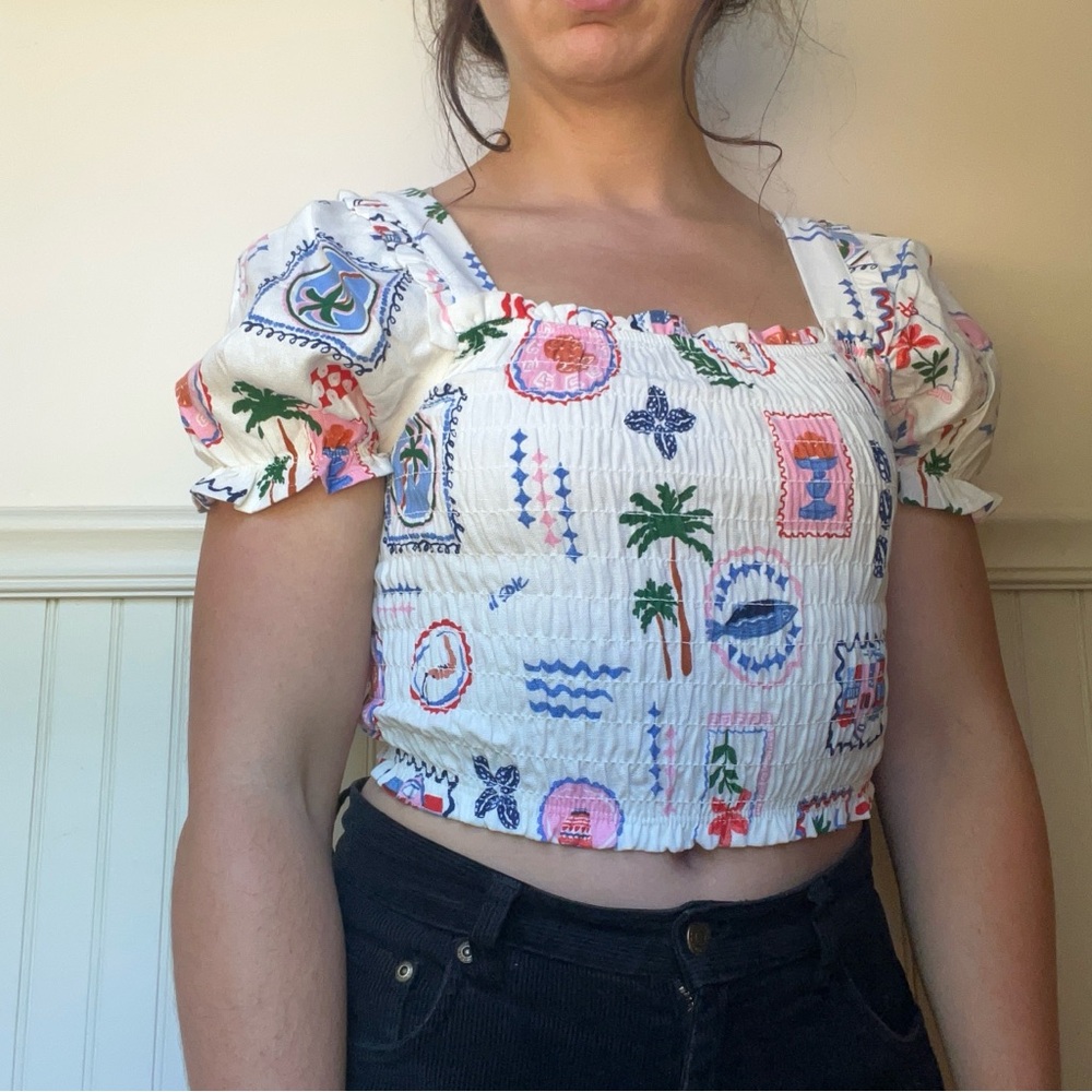 NWOT Monteau Los Angeles Euro Summer Linen Blend Crop Top - Picture 2 of 4